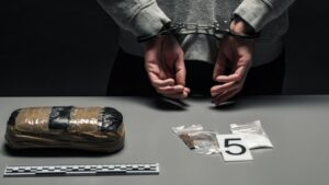 hands of a male drug dealer are handcuffed. The fight against drugs and crime.